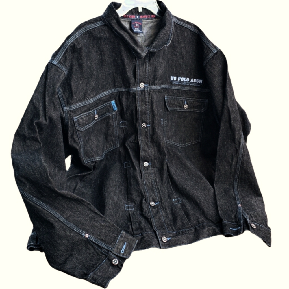 US POLO Assn Mens Vintage Jean Jacket Sze XXL Blue Stiches Embroidery Soft Black